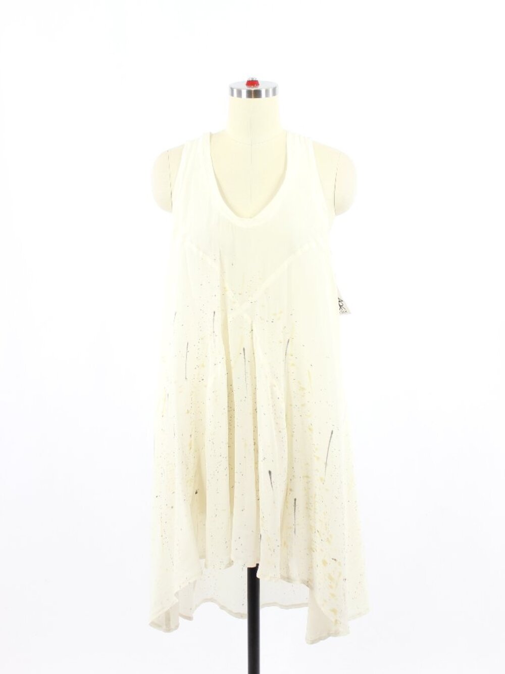 NWT CHASER Ivory Splatter Print 100% Silk Mini Hi-Lo Tank Swing Dress, Size XS